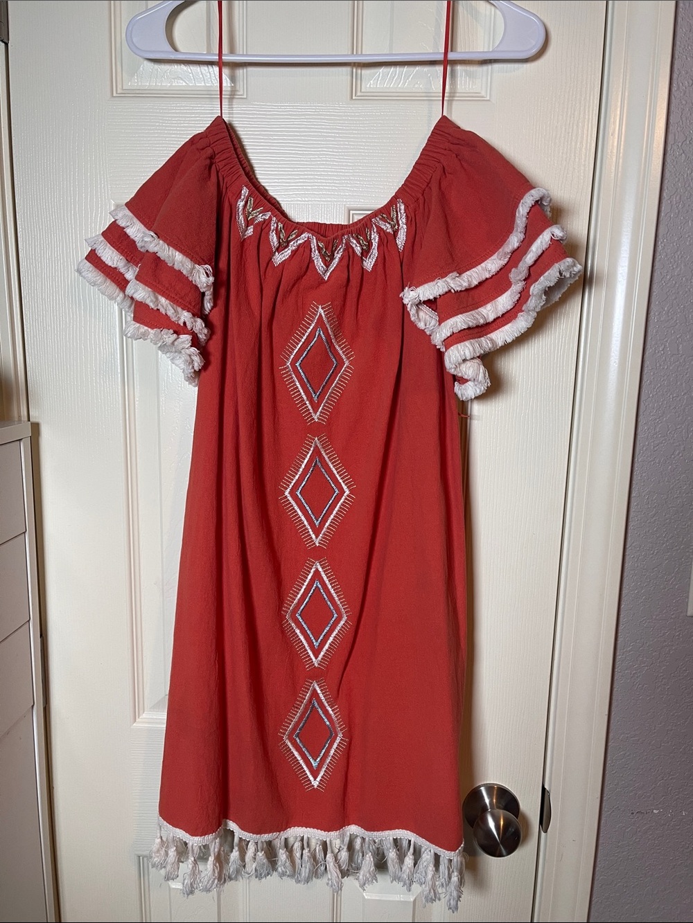 Rustic Red/orange mix Off-Shoulder Embroidered Casual Dress with Fringe